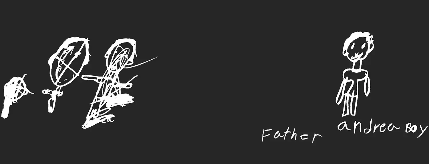 Two drawings by a child. The first shows three bodies which are crossed out. The second shows a smiling person with short hair and a t-shirt, captioned with the words “Father Andrea Boy.”