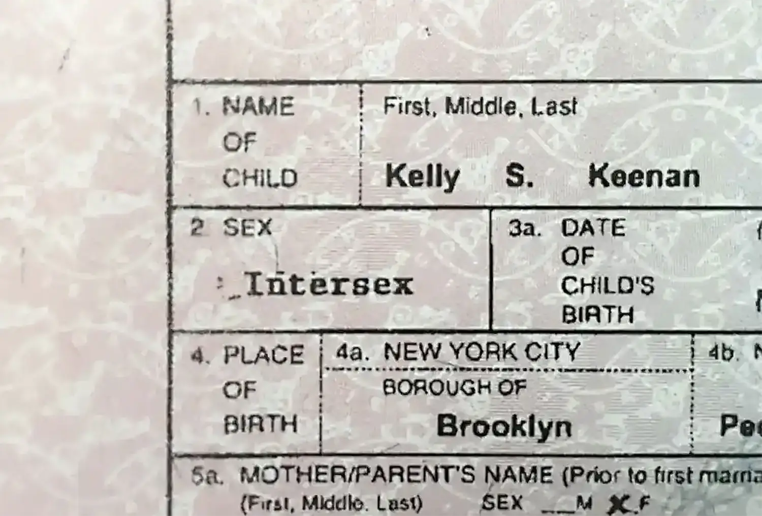 A tight-cropped photo of a birth certificate which has “Intersex” printed beneath the Sex box. A tight-cropped photo of a birth certificate which has “Intersex” printed beneath the Sex box.
