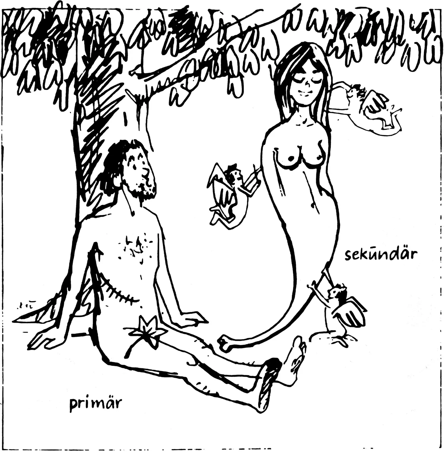 A two-part comic. In the first part Adam is seated beneath a tree with a stitched up incision beneath his ribs. Beneath him it says “primar.” Above him a bone is transforming into Eve. Little angels are helping with this. Beneath her it says “sekundar.” In the second comic, Eve leans against the tree, beneath her it says “primar.” Standing next to her stands Adam, half male, half female, whom the angels are injecting with testosterone. Beneath “him” it says “sekundar”.