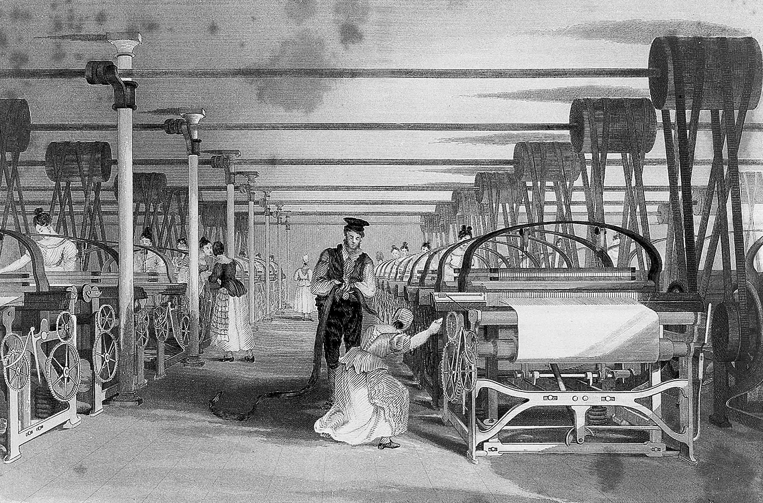 Illustration of a factory filled with powerlooms and workers, primarily women, operating them.