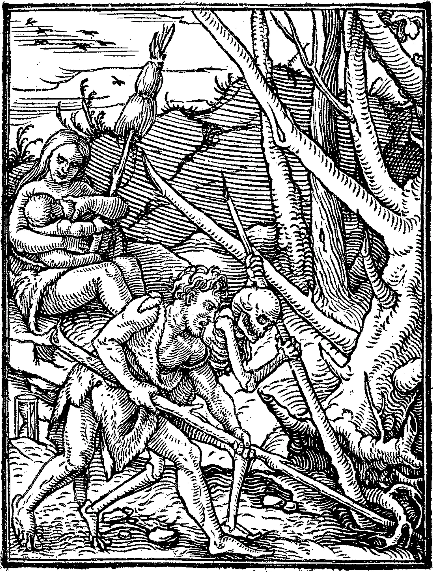 Adam tills the soil shoulder to shoulder with a skeleton, who also works the soil with a stick. In the background, Eve is seen nursing a baby.