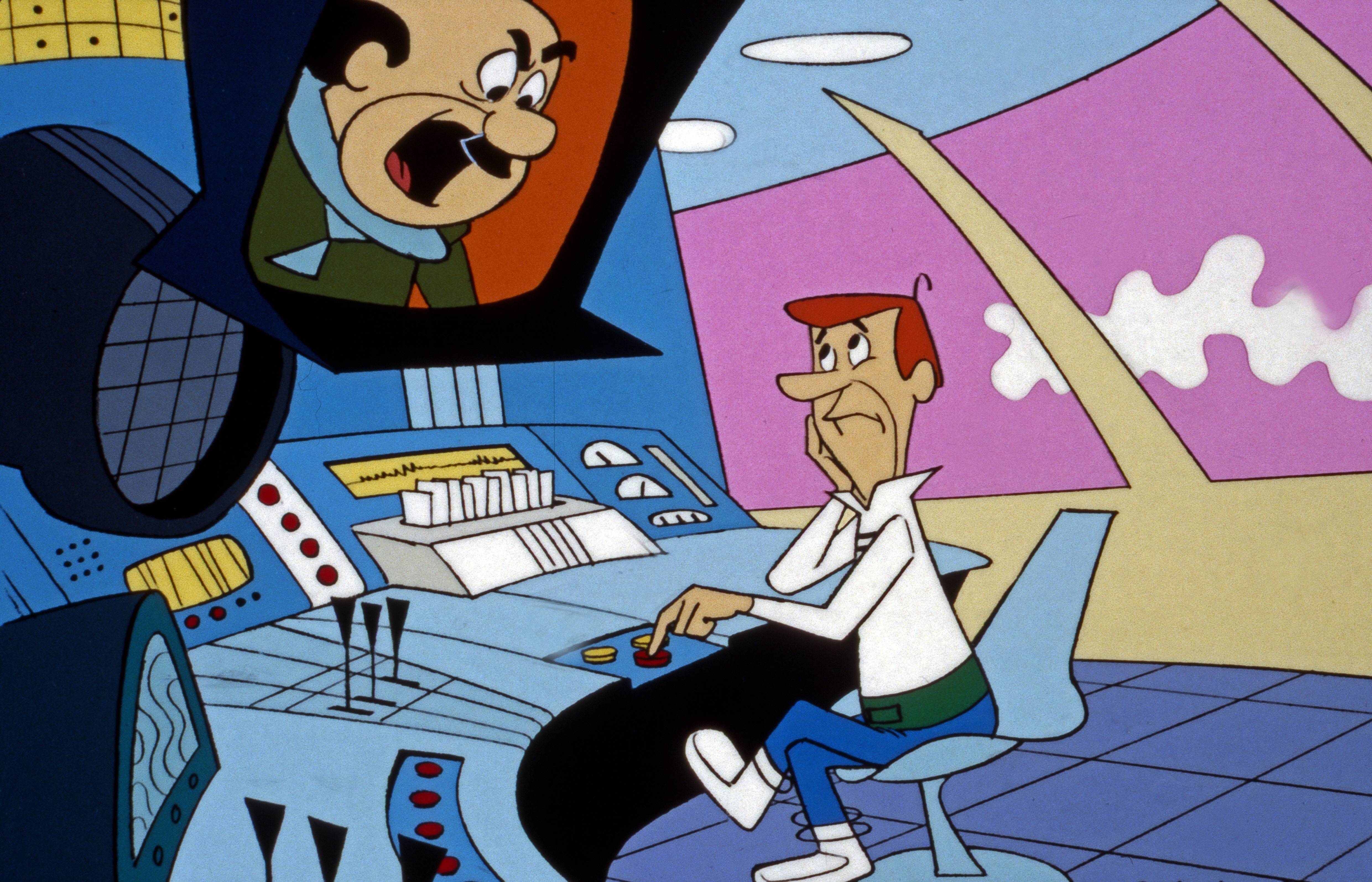 George Jetson sits in front of an elaborate console of buttons and levers, his finger hovering over a button, as he stares with resignation at his boss who is yelling at him from a screen overhead. George Jetson sits in front of an elaborate console of buttons and levers, his finger hovering over a button, as he stares with resignation at his boss who is yelling at him from a screen overhead.