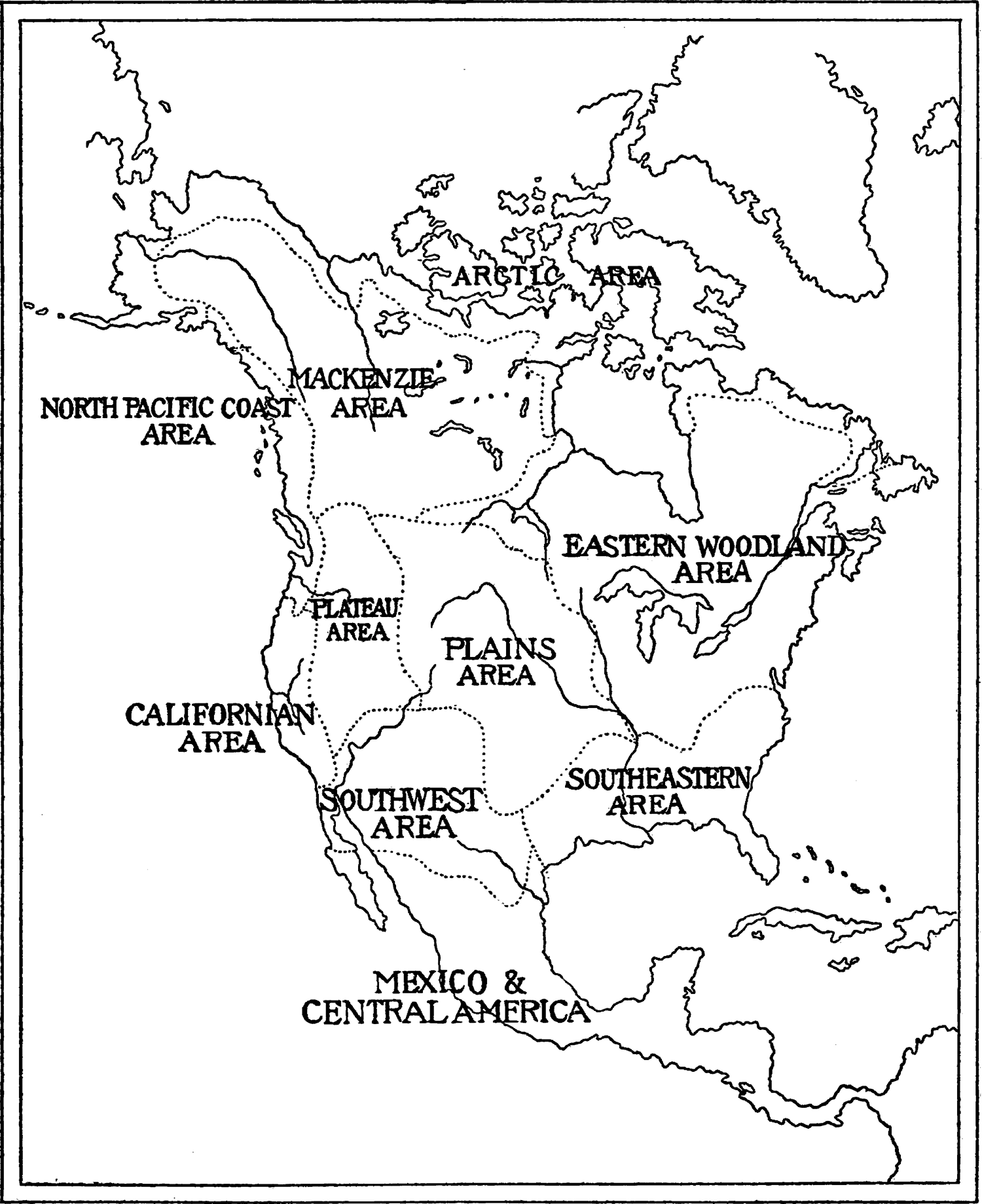 “Culture-areas” outlined on a map of North America. “Culture-areas” outlined on a map of North America.